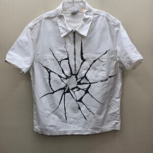 Salem7 Broken Glass Half Zip Short Sleeve Canvas Shirt White Black Size Medium